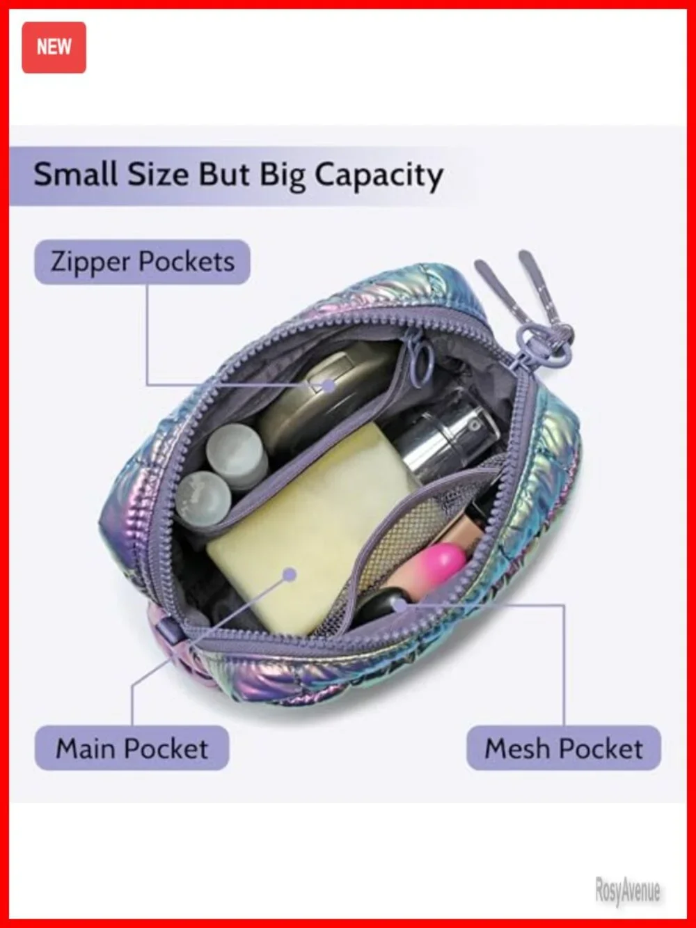Quilted Puffer Cosmetic Bag with Crossbody Strap Travel Toiletry Case